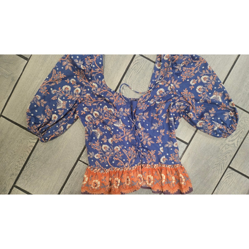 House of Harlow 1960 Nicole Richie Floral Lace Up Peplum Puff Sleeve Top Blue L